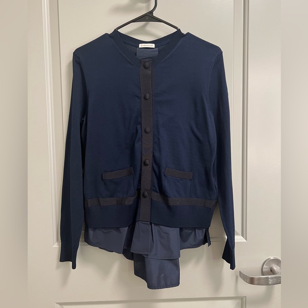 Moncler Navy Cardigan with pleated back, S